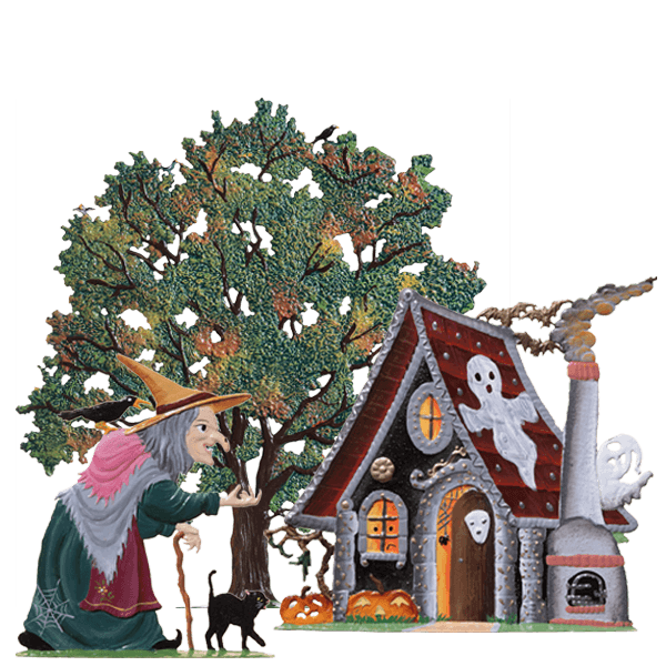 Witch with Early Fall Tree and Haunted House Image